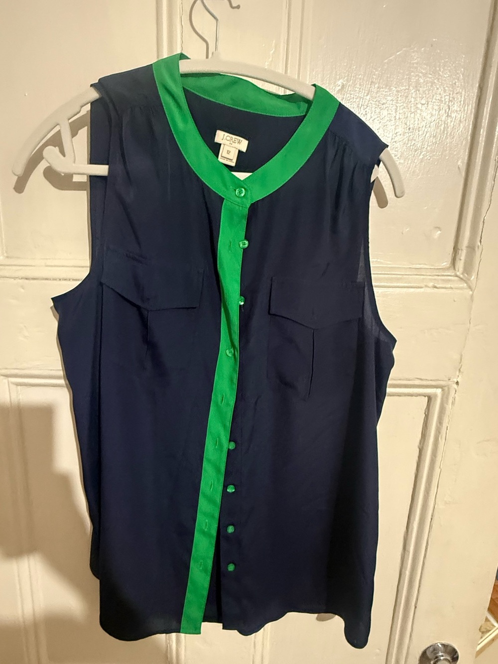 J. Crew Navy Sleeveless Button-Front Blouse with Green Trim